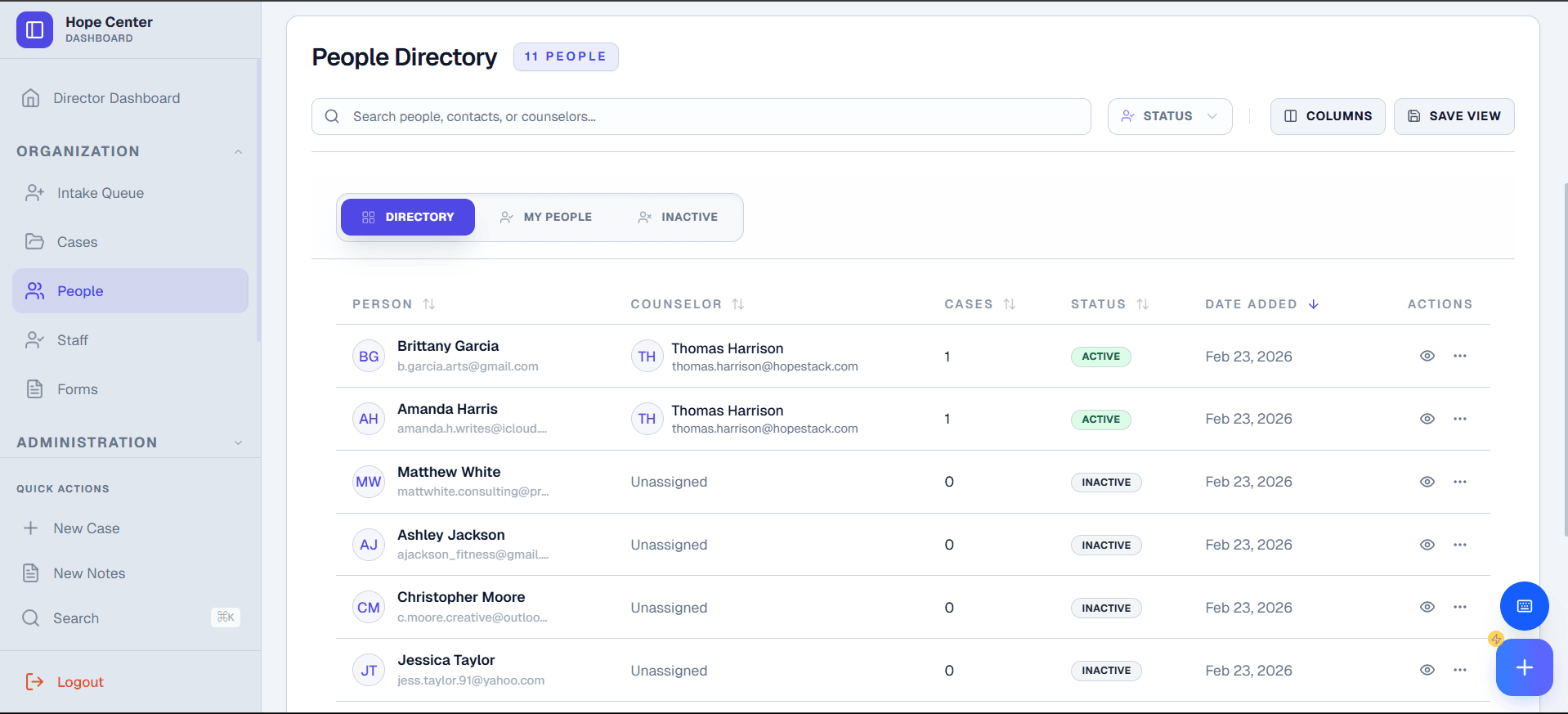 People directory with filterable status, counselor assignment, and case counts